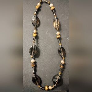 Smoky Quartz, Pearl and Faceted Tiger Eye Necklace